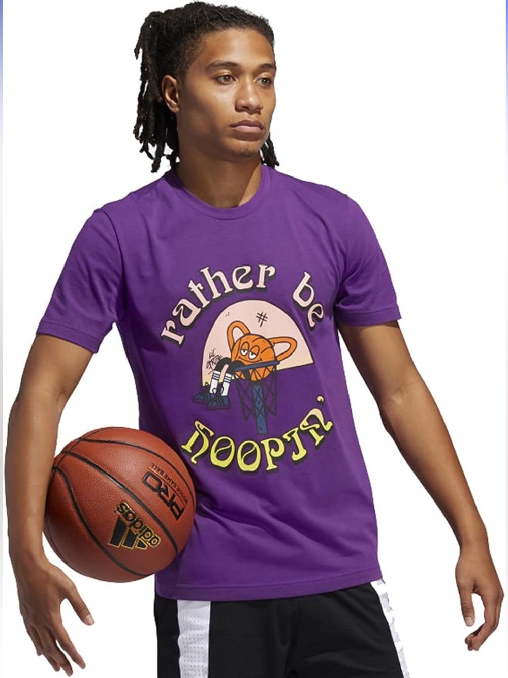 Adidas Men’s “Rather Be Hoopin” Basketball T-Shirt Glory Purple Lil Stripe Print